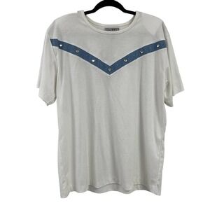 NWT Vintage Peter Popovitch White Blue Denim Rhinestone Studded Tee Large